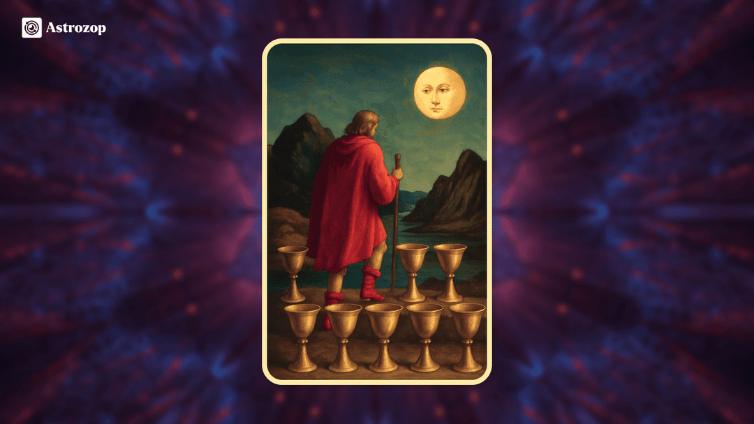 Eight of Cups tarot card showing a figure walking away from eight stacked cups