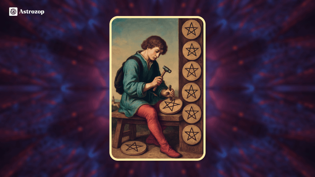 Eight of Pentacles tarot card showing a craftsman carving pentacles with focus and discipline