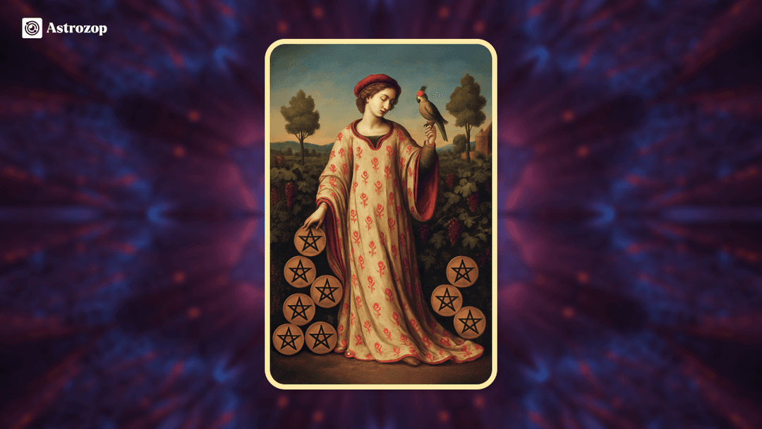 Nine of Pentacles tarot card showing a confident figure standing in a lush vineyard